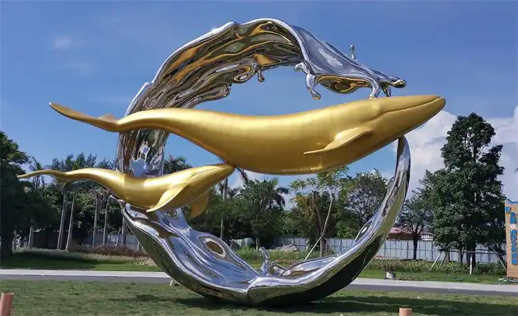 大型不锈钢鲸鱼雕塑,抽象镂空鲸鱼雕塑
