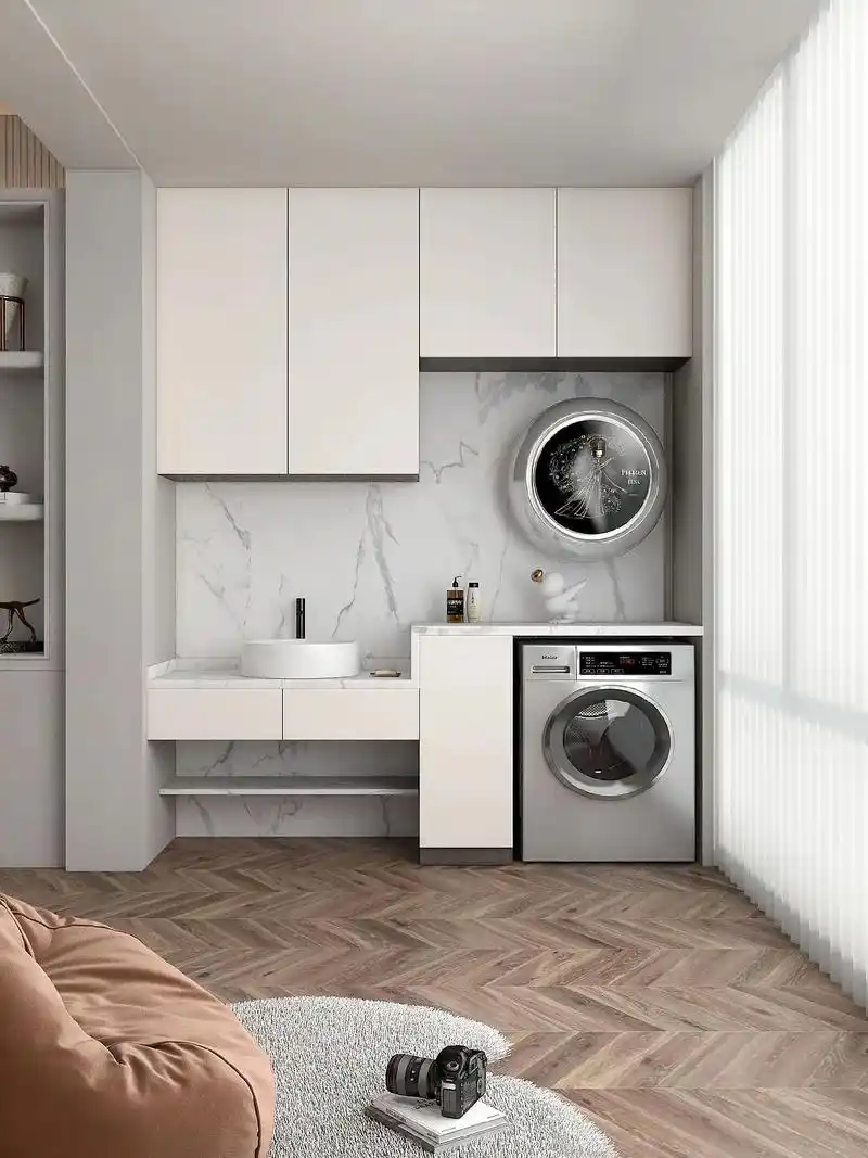 分享几组简单实用的阳台洗衣机柜设计!