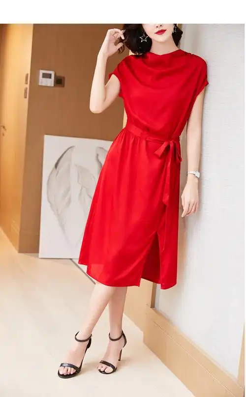 重磅红色真丝连衣裙女2020夏季新款单层缎面桑蚕丝收腰显瘦长裙子