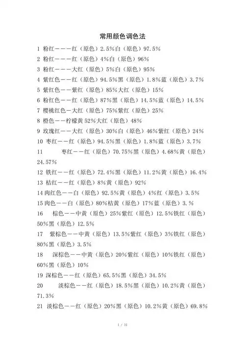常用颜色调色法颜色调配表颜料调色表大全