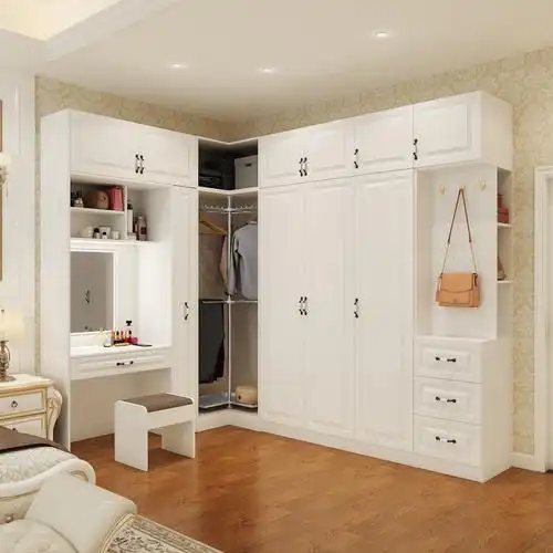 家用卧室大衣柜转角柜通顶梳妆台化妆台一体欧式整体衣帽间实木