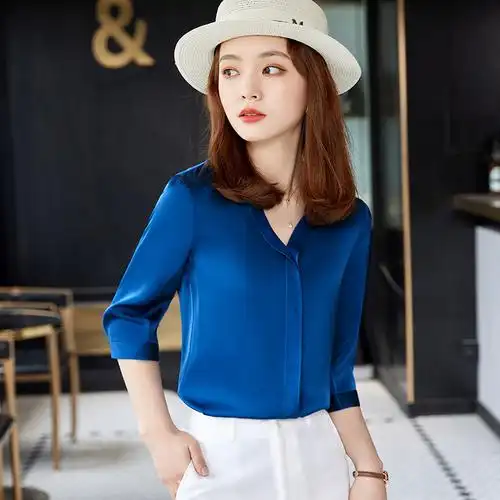 蓝色雪纺衬衫女夏季薄款气质大码上衣七分袖醋酸缎面女士白衬衣夏