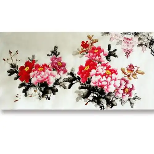 牡丹紫藤写意山水花鸟国画手绘横幅整张四尺国画