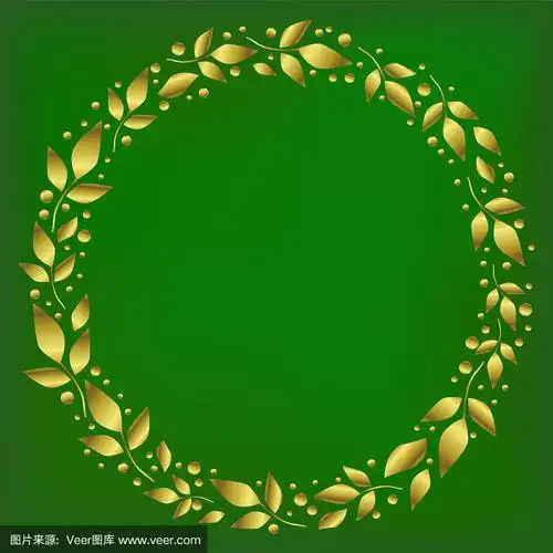 绿色的背景和金色的叶子的圆形框架