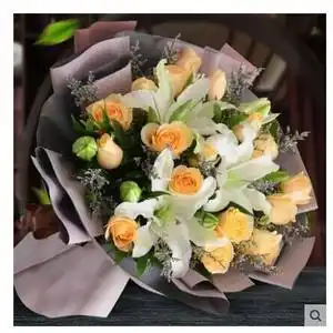 上海花店 鲜花速递19朵香槟玫瑰百合混搭花束 生日情人中秋节送花