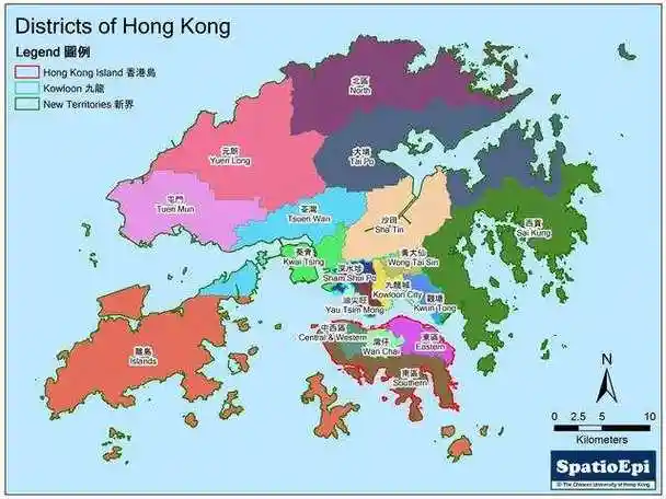 香港行政区划图香港土地面积1106平方公里(不包括所管辖的海域面积)