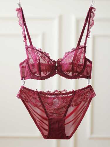 浪莎新品欧美全透明女文胸小胸超薄蕾丝性感内衣套装大码网纱火辣镂空