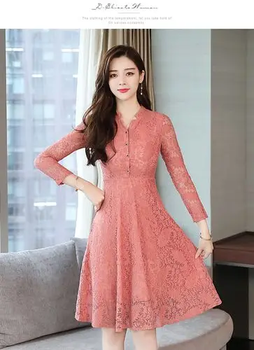 m24423#气质优雅*实拍新款立领长袖蕾丝连衣裙淑女修身显瘦中长款a字