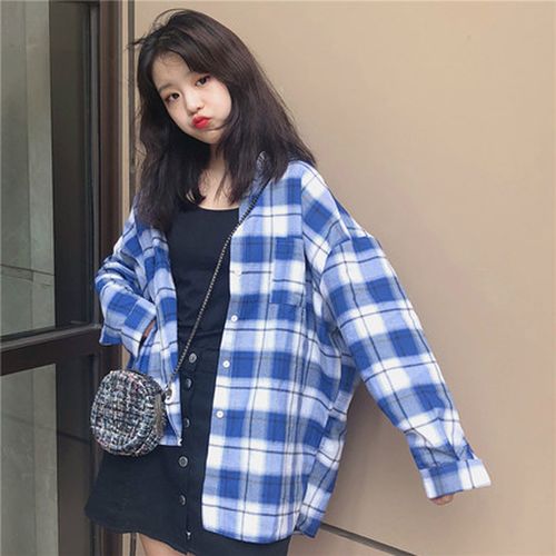 新款蓝色格子衬衫女2021春秋装纯棉长袖衬衣韩版宽松休闲复古上衣