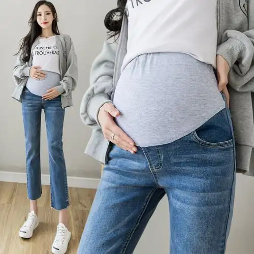 实拍孕妇装牛仔长裤 秋季新品毛边怀孕喇叭裤 外穿托腹孕妇牛仔裤