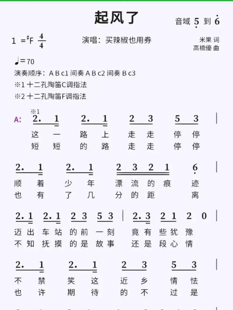 陶笛简谱《起风了》