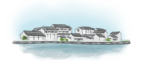 中国水墨手绘古镇