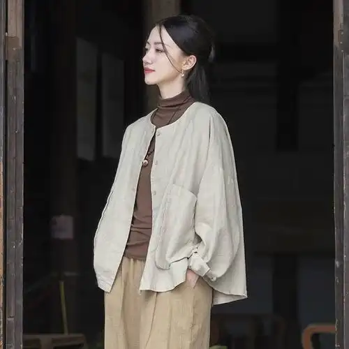 棉麻女装宽松百搭外套2024春季苎麻砂洗文艺上衣开衫长袖新品女式