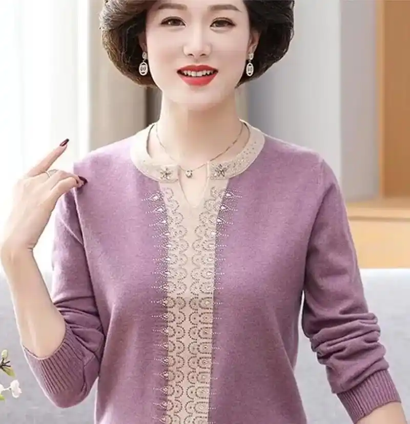 妈妈款春秋装新款长袖上衣中年妇女洋气毛衣中老年女装秋冬打底衫