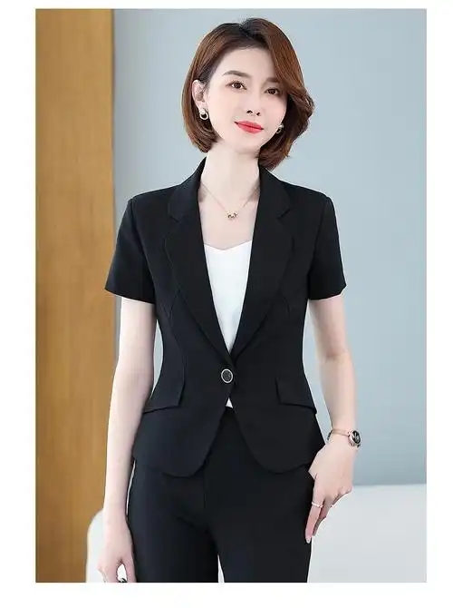 简约干练一粒扣修身西服套装女夏季新款通勤职业正装纯色短袖西