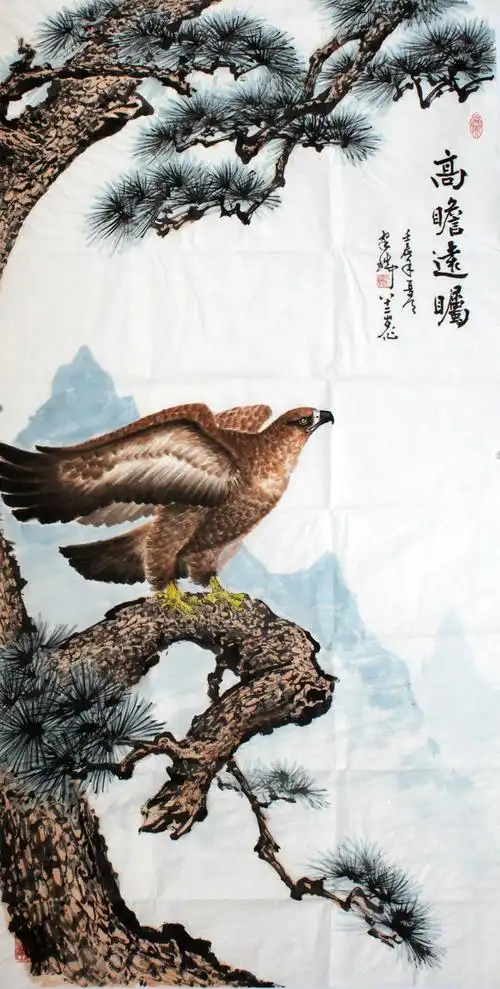 雄鹰国画《高瞻远瞩》 - 雄鹰展翅图 - 99字画网