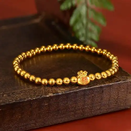 梦金园福袋金珠足金手链吉祥福包福字黄金手链简约圆珠链手串硬金女士