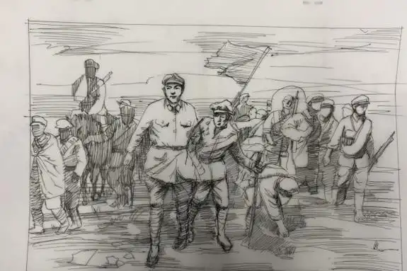 【线描画】长征路上长征途中,杨克明虽有乘马却很少骑,而是用于驮伤病