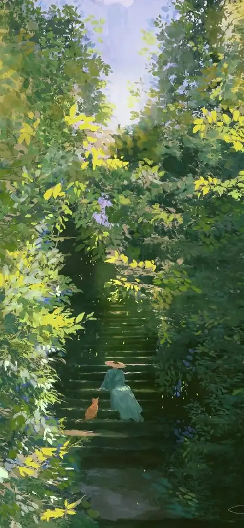 治愈系古风山水人物插画系列壁纸98绿色意境#壁纸##手机壁纸##风景