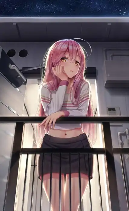 动漫短裙少女阳台星空高清手机壁纸图片粉色