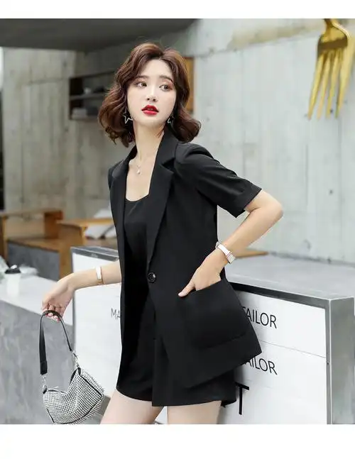 皮尔卡丹轻奢高档女装短裤套装女2022夏装新款西服吊带三件套小个子