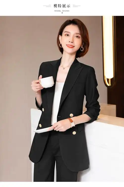 均欣感时尚西装套装女2021新款春秋韩版气质双排扣英伦风中长款显瘦