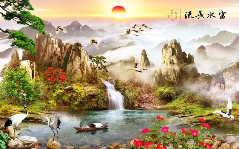 山水画天道酬勤流水生财壁画