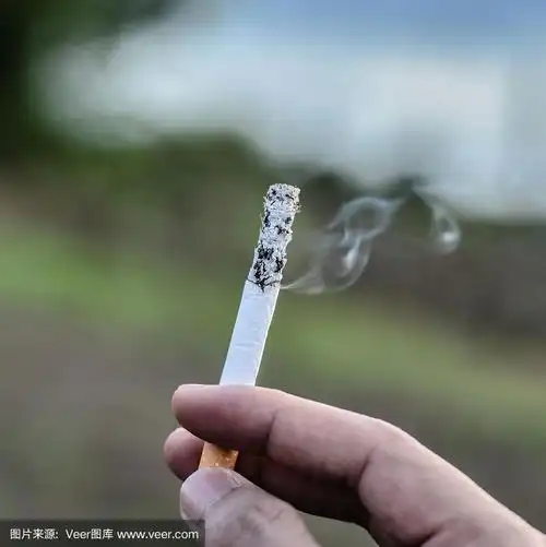 手握香烟/手上燃烧的香烟烟雾,在户外的背景下吸烟