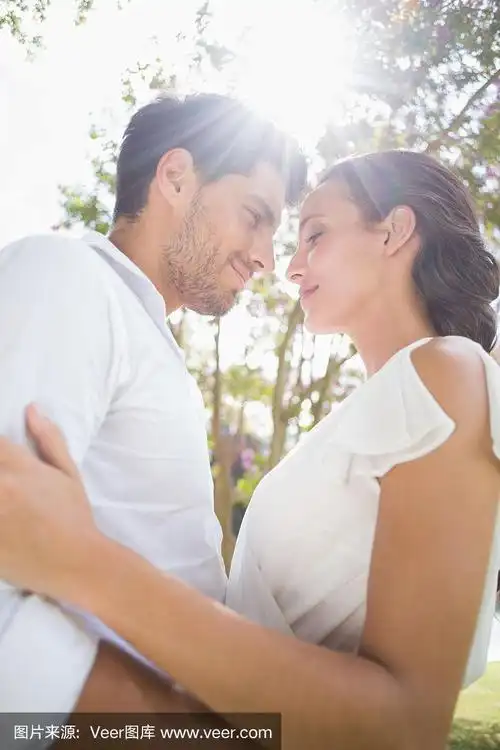 一对情侣在一个阳光明媚的日子里亲密拥抱