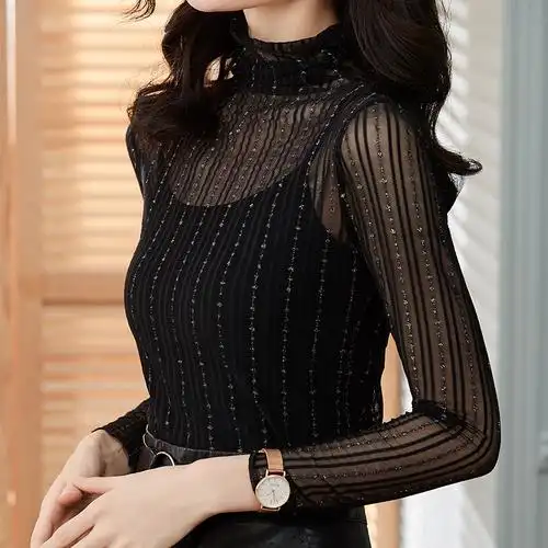 黑色高档蕾丝打底衫女春秋韩版薄款网长袖性感t恤