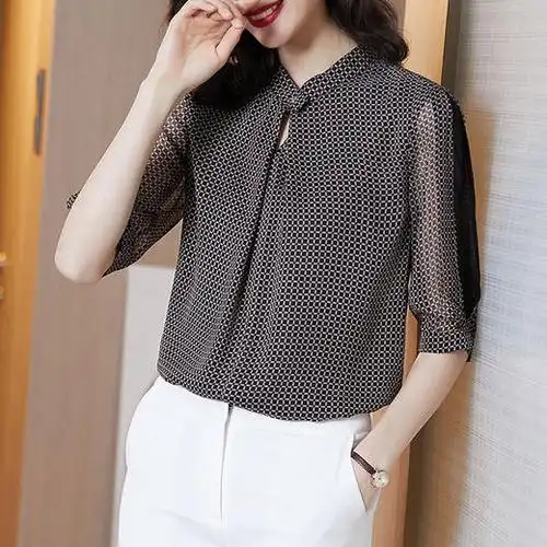 衬衫女2020春夏新款短袖时尚格子印花优雅上衣 hx3088