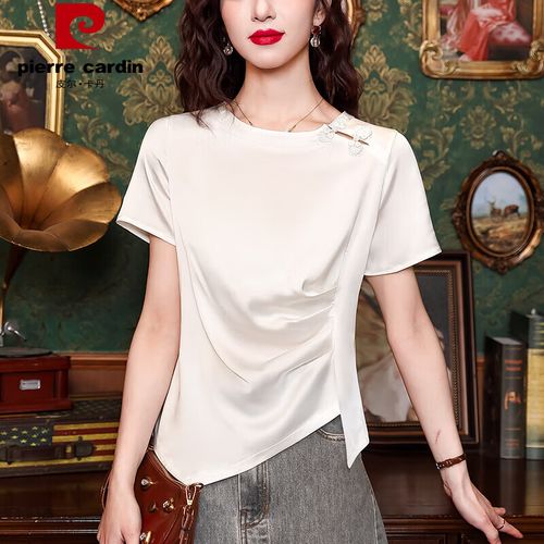 皮尔卡丹品牌不规则醋酸t恤女装真丝短袖夏季新款中式盘扣修身开叉桑