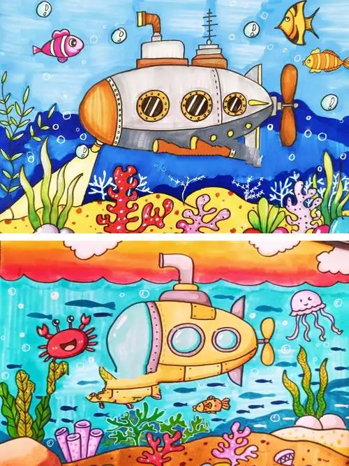 潜水艇儿童画,探索海底世界儿童画