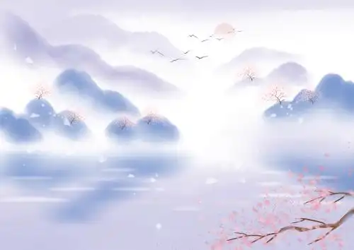 户外意境春季山水古风背景插画