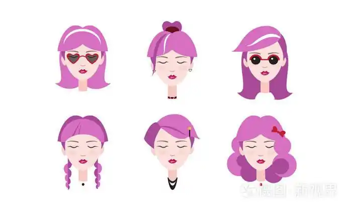 可爱的女孩的头紫色的头发设置, 不同类型的女性发型向量例证在白色