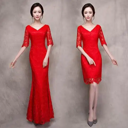 qma新款敬酒服新娘旗袍2017新款春夏季红色v领修身短款结婚订婚中式