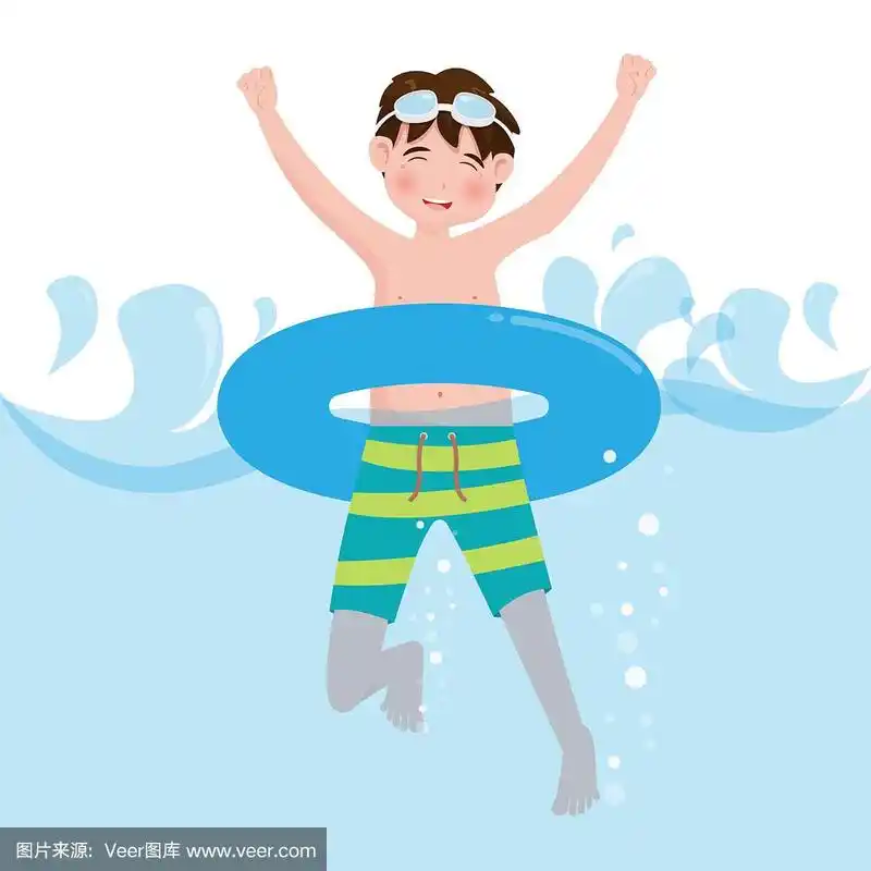 小男孩游泳在游泳池的背景.矢量插图在卡通人物扁平风格.