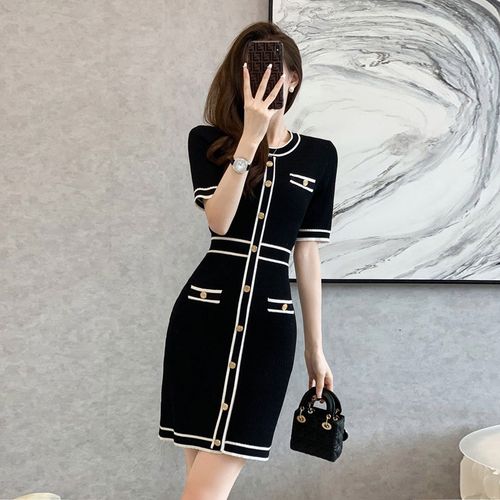 小香风夏装女复古针织连衣裙修身显瘦包臀ol通勤职场气质穿搭图片