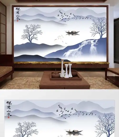 新中式手绘禅意山水画背景墙