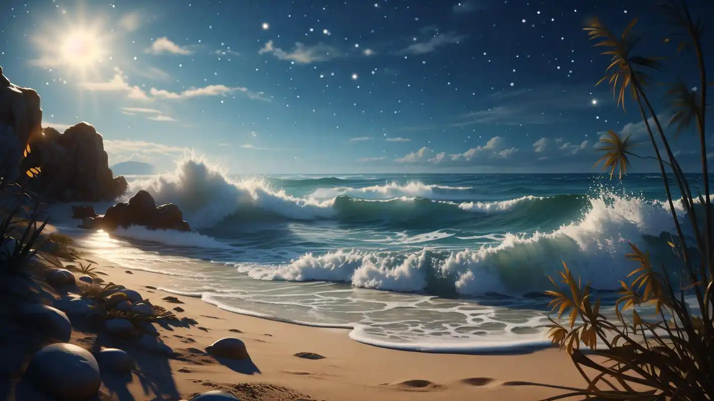 93孤独夜晚的海滩壁纸精选78 夜晚的海滩,月光洒落,海浪轻拍岸边