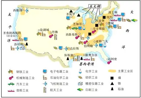 据美国本土工业和重要矿产分布图.回答下列问题.(1)美国东北部