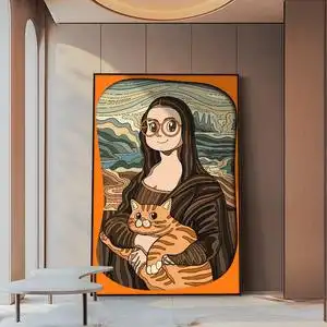 玄关装饰画走廊过道卡通人物搞笑蒙娜丽莎抱猫挂画竖版卧室客厅画