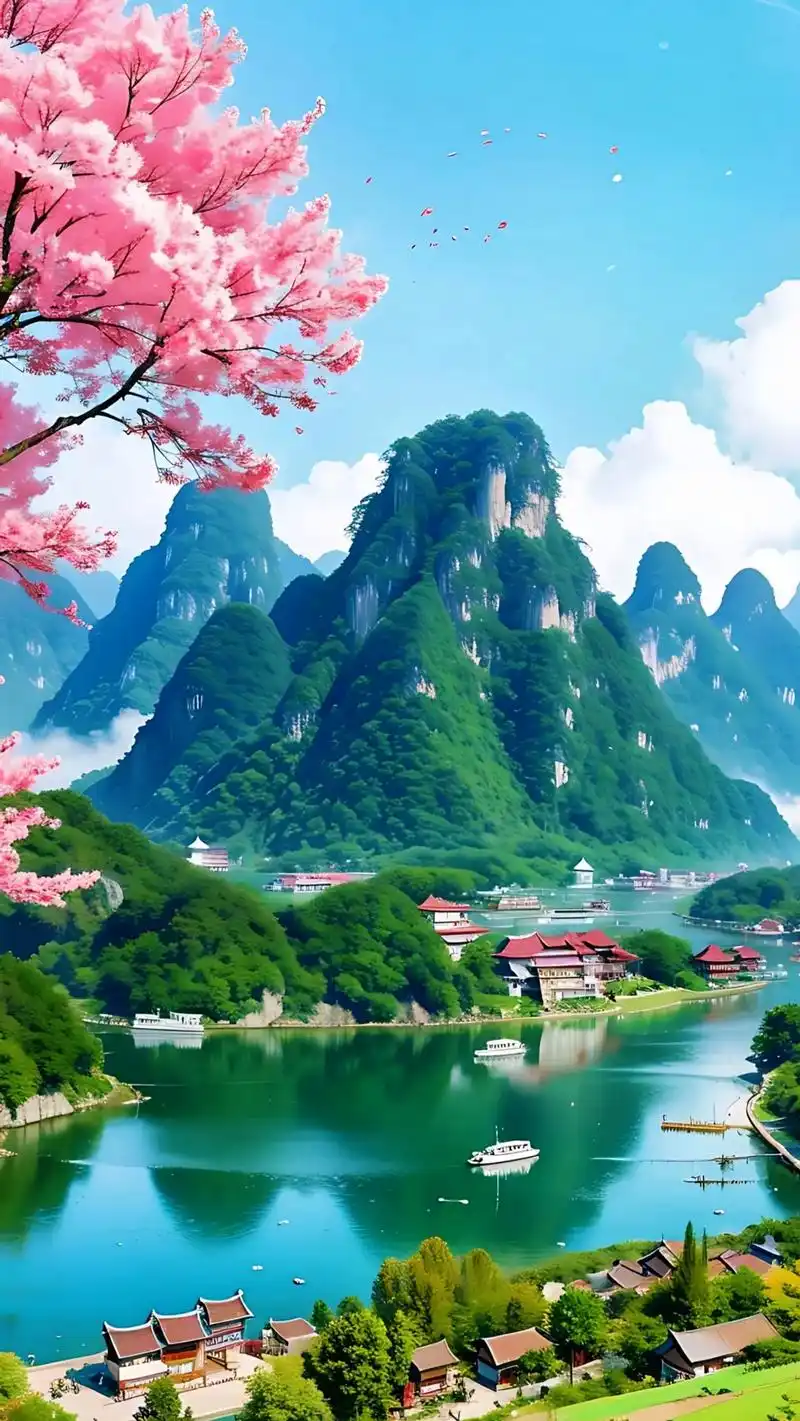 人间仙境世外桃源江南小镇,春天的桂林山水美景,青山绿水,红色 - 抖音