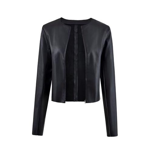 秋季街头圆领拉链简约毛边拉链pu皮短款夹克网红机车风修身皮衣