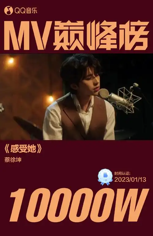 恭喜@蔡徐坤《感受她》mv获得#qq音乐mv巅峰榜#【一亿】认证!