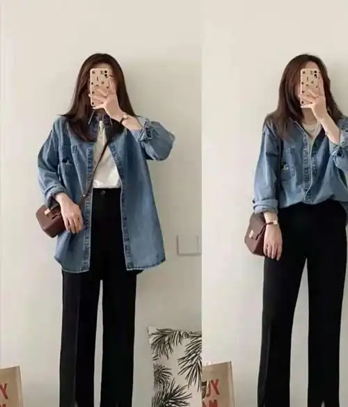 早秋牛仔衬衫搭配什么裤子好看|内搭|短靴|高腰|卡其色|阔腿裤_网易订