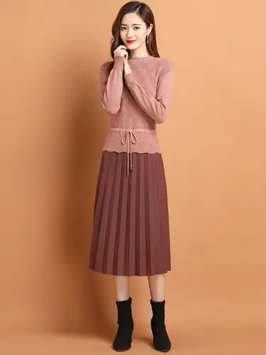 假两件针织连衣裙女春秋长袖打底裙子配大衣的长款过膝冬季毛衣裙