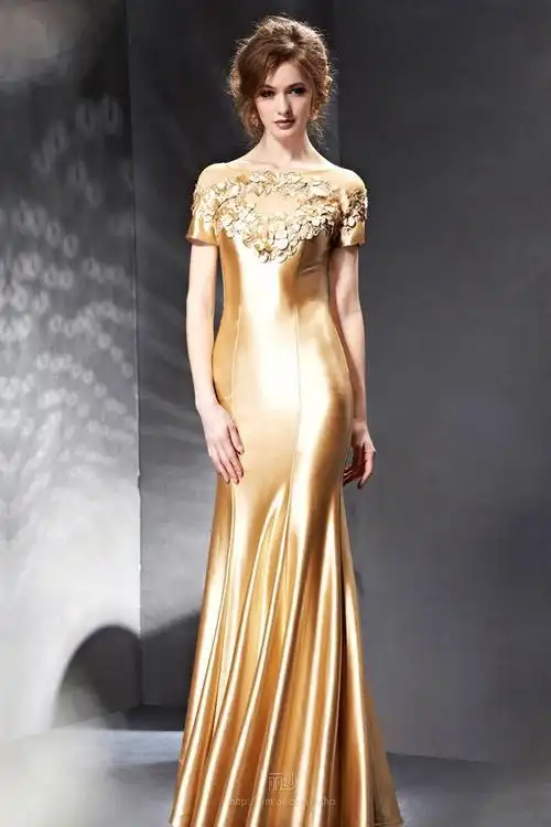 [爱喵网]复古金色真丝缎短袖齐地晚礼服_敬酒服_复古金色真丝缎短袖齐