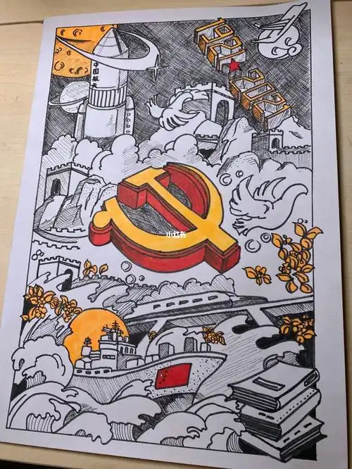 建党100周年庆祝党的生日线条画绘画临摹