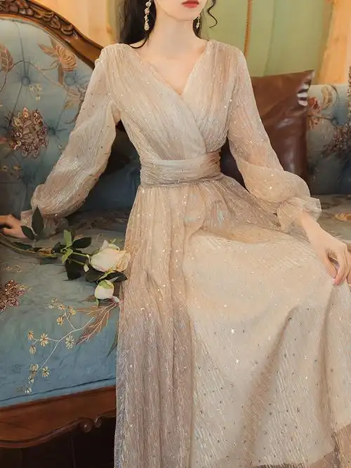 早秋法式小众设计薄纱连衣裙仙气超仙森系晚礼服连衣裙